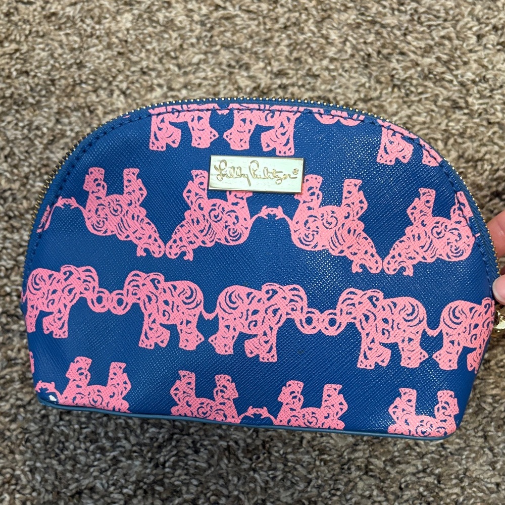 Lilly Pulitzer Navy Cosmetic Pouch with Pink Elephant Print